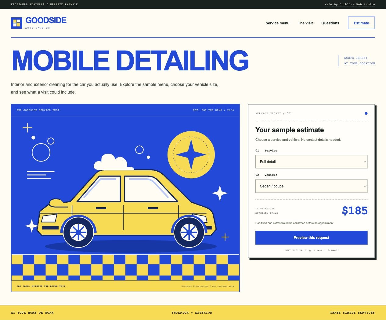 Preview of the fictional Goodside detailing website with a blue-and-yellow graphic car illustration and an inline estimate